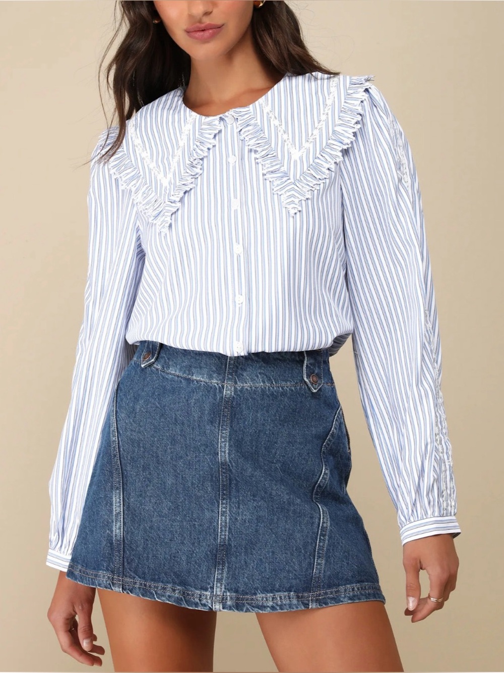 Lulu’s Perfectly Parisian Blue Striped Peter Pan Collar Cotton Blouse Med NWOT